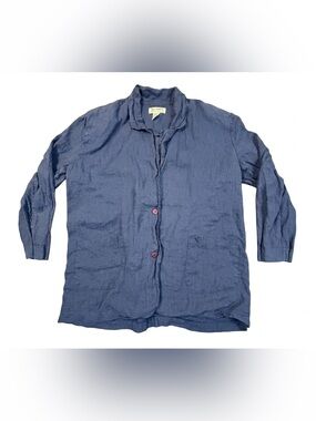 100% Linen Jacket Button Front Jacket Coat No Saint Women M Blue USA Vintage